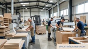 Workers operating CNC machinery and assembling wooden frames in a busy kitchen cabinet manufacturing facility.