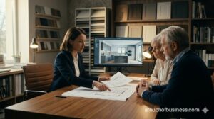 A kitchen designer reviews floor plans with a client couple in a modern design studio with material samples.