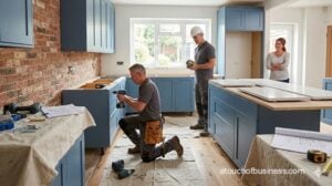 Contractors install new kitchen cabinets during a home remodeling project.