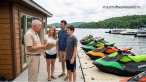 A male staff member gives a safety briefing to a new family at a lakeside marina jet ski rental office.