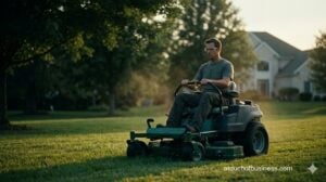 Cinematic shot of a professional landscaper operating a commercial zero-turn mower on a manicured lawn at sunset.