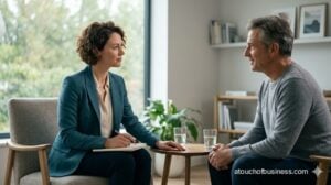 A life coach listens attentively to a middle-aged man client in a modern, sunlit consultation room.