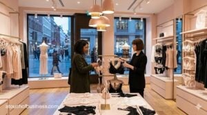 A lingerie boutique interior with soft lighting, curated displays, and a staff member assisting a customer.