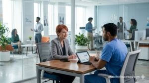 A recruiter interviews a candidate in a glass-walled meeting room at a different modern healthcare agency.