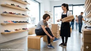 A customer tries on sneakers on a wooden bench while an employee assists in a modern, well-lit shoe store.