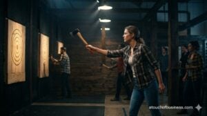 A woman in flannel prepares to throw an axe at a rustic wooden target within a moody, cinematic axe throwing venue.