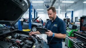 Technician uses a diagnostic tablet and multimeter under the hood of a car in a modern electrical shop.