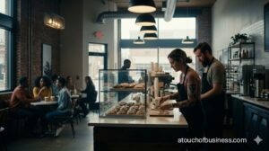 Baristas prepping donuts and coffee in a bustling shop, creating a warm, artisanal atmosphere.
