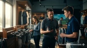Interior of a modern golf shop with unique customers browsing premium clubs and apparel; a staff member assists.