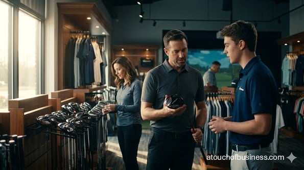 Interior of a modern golf shop with unique customers browsing premium clubs and apparel; a staff member assists.