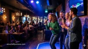 Friends singing live on stage at a modern karaoke bar with colorful stage lighting and a blurred audience.