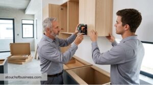 Professional installers level a new wood kitchen cabinet with a laser.