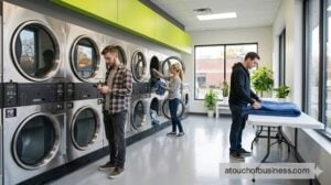 Interior view of a modern laundromat with blue accent walls and a woman loading a front-load washer in a bright space.