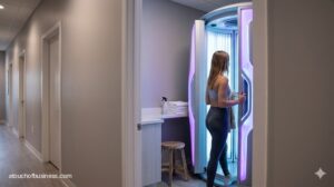 Woman entering private room with modern stand-up UV tanning booth.