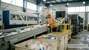 A worker in safety gear sorts recyclables on a conveyor belt inside a large, modern recycling processing facility.