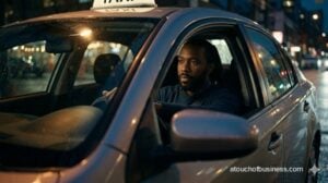 Realistic photo of a taxi driver behind the wheel of a modern sedan at night in a city.