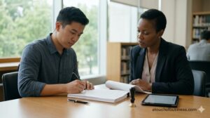 A Notary Public in a library study, witnessing a client sign legal documents. Professional and trustworthy environment.