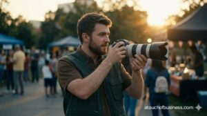 Cinematic photo of a young man photographer with a beard shooting at an outdoor golden hour community event.