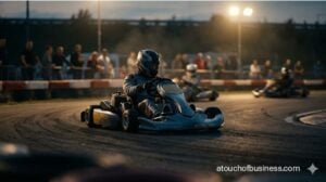 A driver racing a modern go-kart on an outdoor track during dusk.