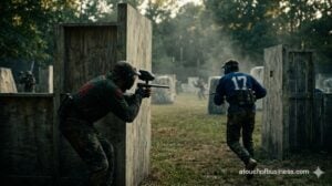 Cinematic shot of players in camo navigating wooden bunkers on an active outdoor paintball field during a game.