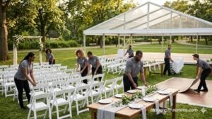 Setup of a clear-span event tent with stylish white chairs and banquet tables for an outdoor celebration.