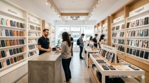 Retail showroom display of diverse smartphone protective cases.