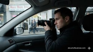 Private investigator conducting discreet daytime vehicle surveillance using a DSLR camera and telephoto lens in an urban setting.