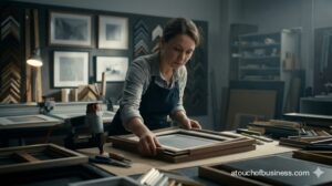 Cinematic film still of a craftsman carefully fitting a mat and glass into a custom wooden picture frame.