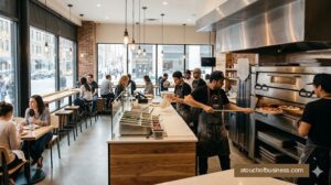 Chefs preparing artisanal pizzas inside a bustling modern pizza shop with an open kitchen and diverse customers dining.