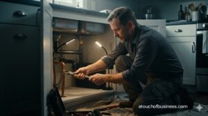 A plumber in gray uniform fixing a sink pipe in a residential kitchen.