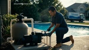 A pool technician adjusting a commercial pump valve in a residential backyard.