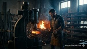 Cinematic movie still of a different modern blacksmith using a mechanical power hammer to shape metal in a workshop.