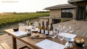 An elegant outdoor wine tasting setup on a rustic wooden deck overlooking a vineyard at sunset, with no people.