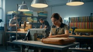 Upholsterer using an industrial sewing machine to stitch leather piping onto a cushion in a busy workshop.