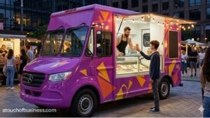 A purple ice cream van serving a customer at a night market.