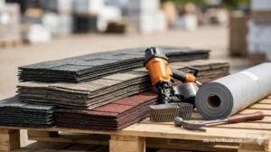 Close-up of premium architectural asphalt shingles and professional roofing tools on a job site pallet.