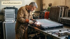 Technician welding a replacement core onto a truck radiator in an industrial workshop setting.