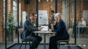 A real estate agent reviews documents with a client in a glass meeting room.