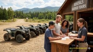 A busy ATV rental business office with a family signing waivers and modern ATVs lined up on a dirt lot near mountains.