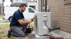Residential HVAC technician installing new AC compressor unit outdoors near brick suburban home.