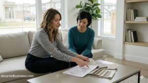 An interior designer shows fabric swatches to a client in a modern sunlit living room.