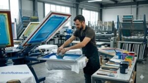 Operator pulling a squeegee on a modern automatic carousel screen printing press in a busy workshop.