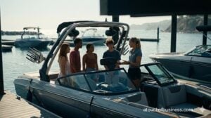 A group of young friends learning to operate a high-performance ski boat at a coastal rental marina.