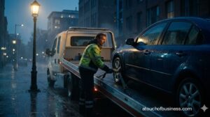 Cinematic flatbed tow truck operator loading a broken car on rainy city street at dusk.