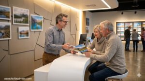 A travel agent with glasses discusses vacation options with an older couple using brochures at a counter.