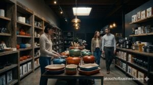 Customer browses unique cookware in a rustic-modern kitchen supplies store, cinematic lighting
