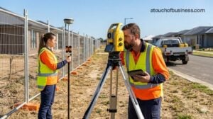 Two surveyors use robotic total station and GNSS rover on a suburban construction site.