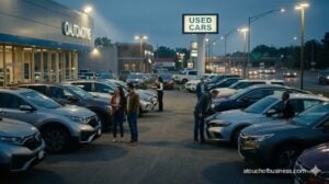 Customers browsing pre-owned SUVs at a bustling modern used car dealership during the golden hour.