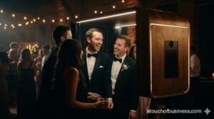 Joyful friends laugh in wedding photo booth with warm lighting and deep shadows.
