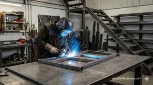 Professional MIG welder in specialized fabrication shop working on custom steel frame project.
